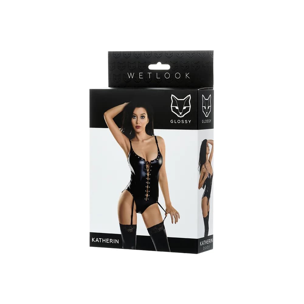 Erolanta Glossy Katherin Wetlook Deri Bağcıklı Siyah L Beden Jartiyerli Bodysuit thumbnail 5