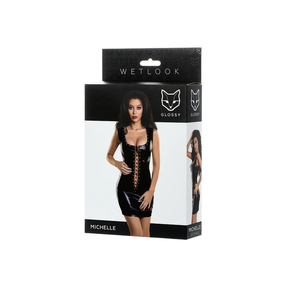 Erolanta Glossy Michelle Perçinli Wetlook Siyah XL Deri Elbise thumbnail 5