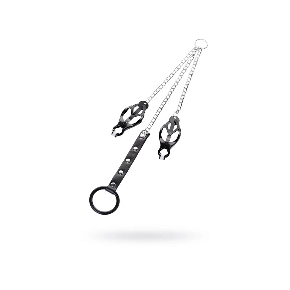 Metal by TOYFA Siyah Penis Halkalı ve Yaylı Ayarlanabilir Göğüs Ucu Meme Kelepçesi